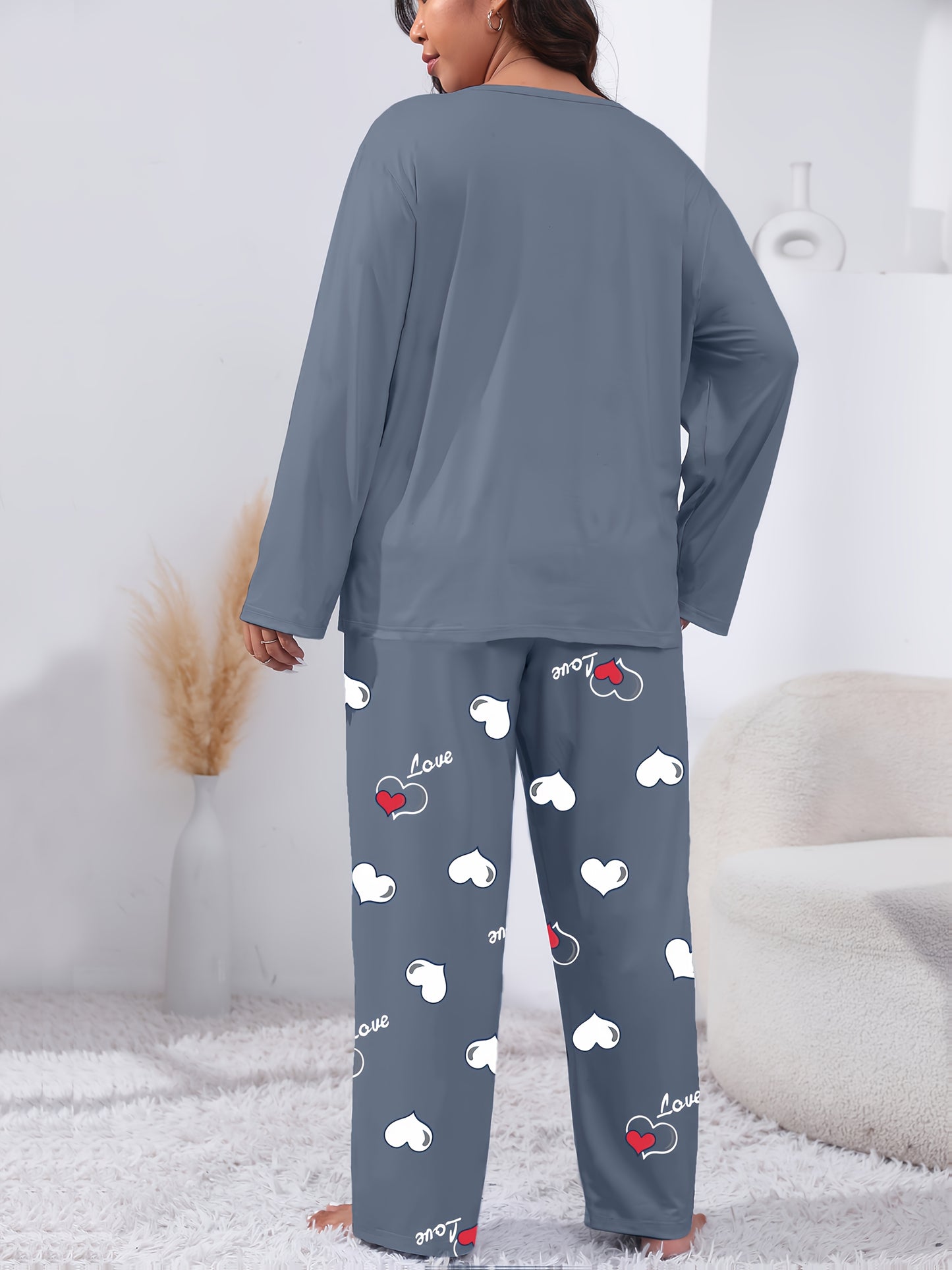 Autumn And Winter Large Size Black Crew Neck Cartoon Small Love Two-Color English Pattern Print Casual And Comfortable Sister Two-Piece Pajama Set