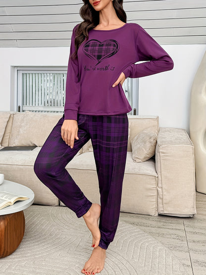 Ladies' Cartoon Cute Purple Plaid Heart Print Long Sleeve Top and Pants Casual Pajama Set for All Seasons