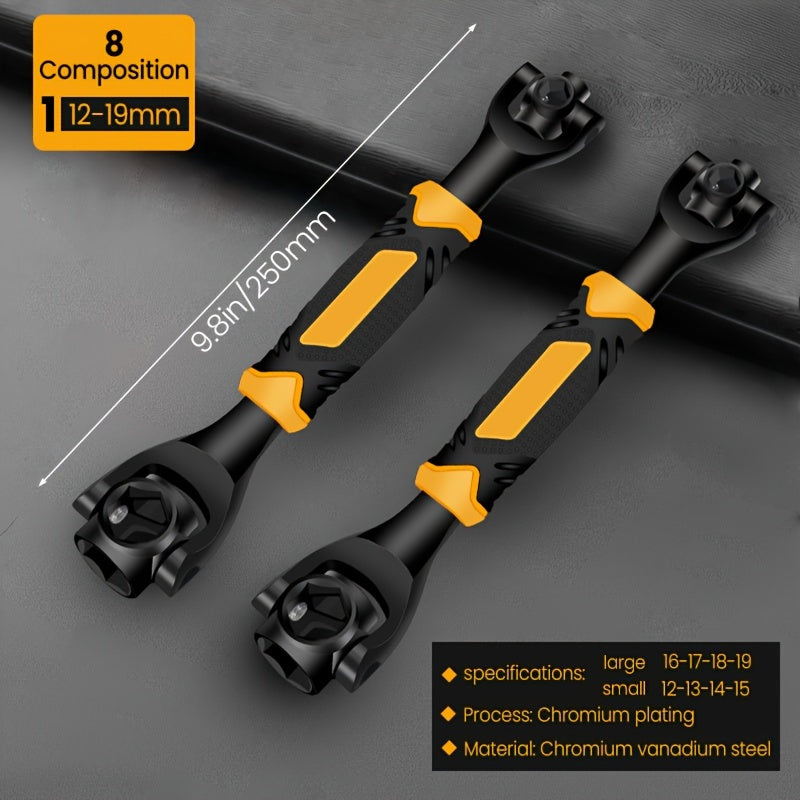 Chave inglesa 8/52 em 1 com cabo de borracha antiderrapante, fabricada em aço cromo-vanádio, durável e multifuncional.