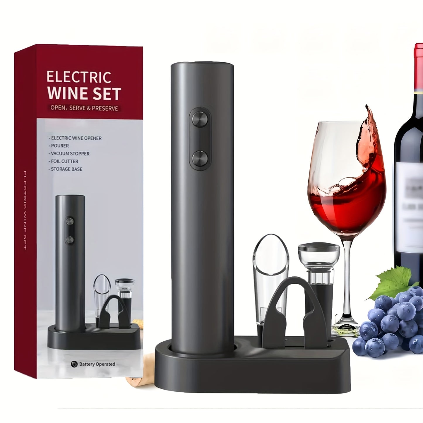 Abridor de Vinho Elétrico - Unidade ou Conjunto de 5 peças com Selador a Vácuo e Doseador, Kit de Ferramentas Automáticas para Bar, Ideal para Casa, Festas e Presentes