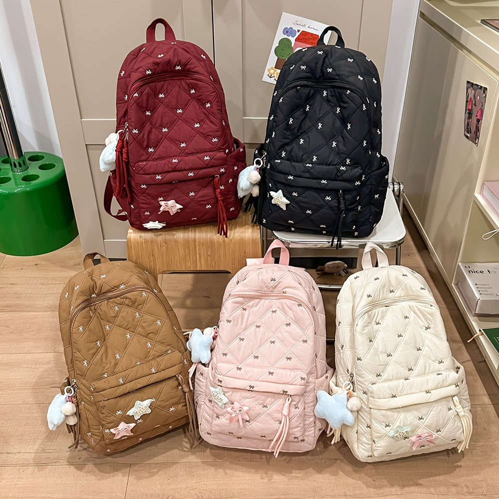 HUOHUO Large Capacity Backpack - Stylish Red & White Quilted Design with Star & Bow Accents, Adjustable Straps, Multiple Compartments, Perfect for School, Commuting, and Everyday Use, Backpack for School, Commuter Bag, Playfu