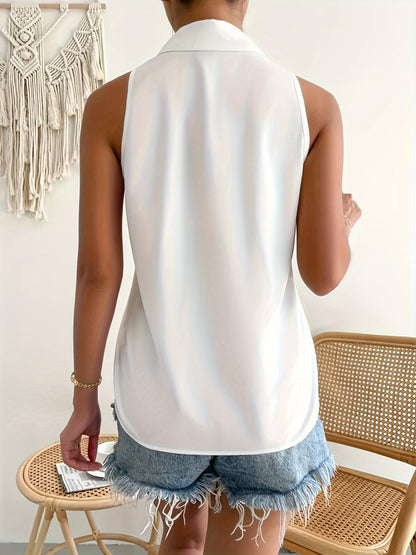 Solid Button Front Simple Blouse, Versatile Sleeveless Blouse For Spring & Summer, Women's Clothing
