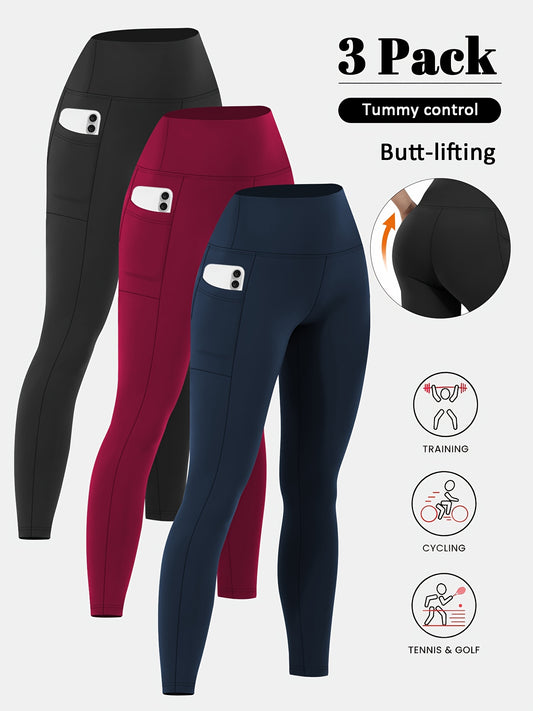 3pcs Set Women's High-Waisted Tummy Control Yoga Leggings - Full-Length Opaque Workout Pants with Pockets, 4-Way Stretch Soft Athletic Gym Pants for Running, Fitness, Yoga & Casual Attire - All-Season Tight Bodycon Leggings (