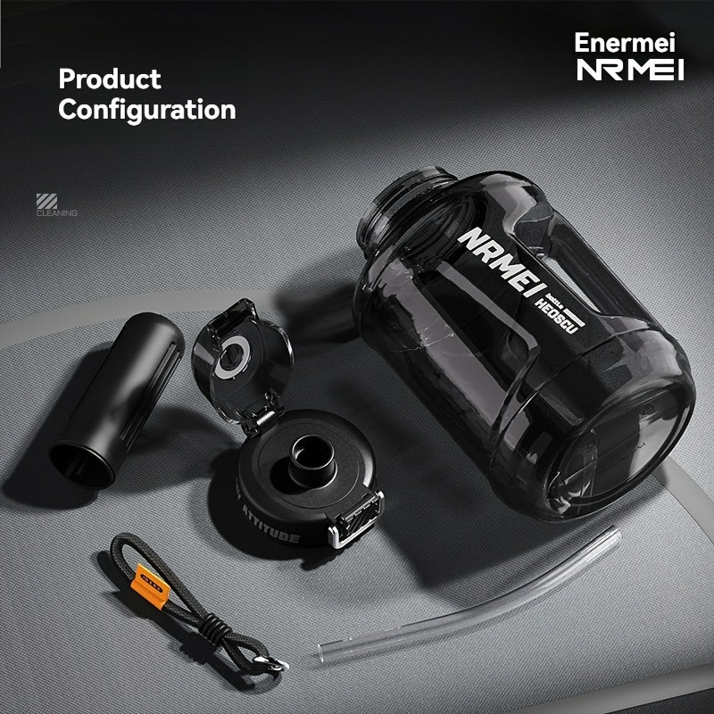 Garrafa de água NRMEI de 1,9 litros com marcador de tempo - Garrafa de hidratação de 1,9 litros livre de BPA, garrafa de água desportiva grande com palhinha e tampa, pega, adequada para campismo e ginásio.