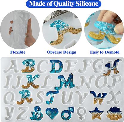168pcs Obverse Alphabet Resin Molds Kit, Silicone Molds for Resin Casting DIY, Letter & Ornament Epoxy Molds Resin Keychain Making Set with 1 Hand Drill 2 Drill Bits 164pcs Keychain Supplies