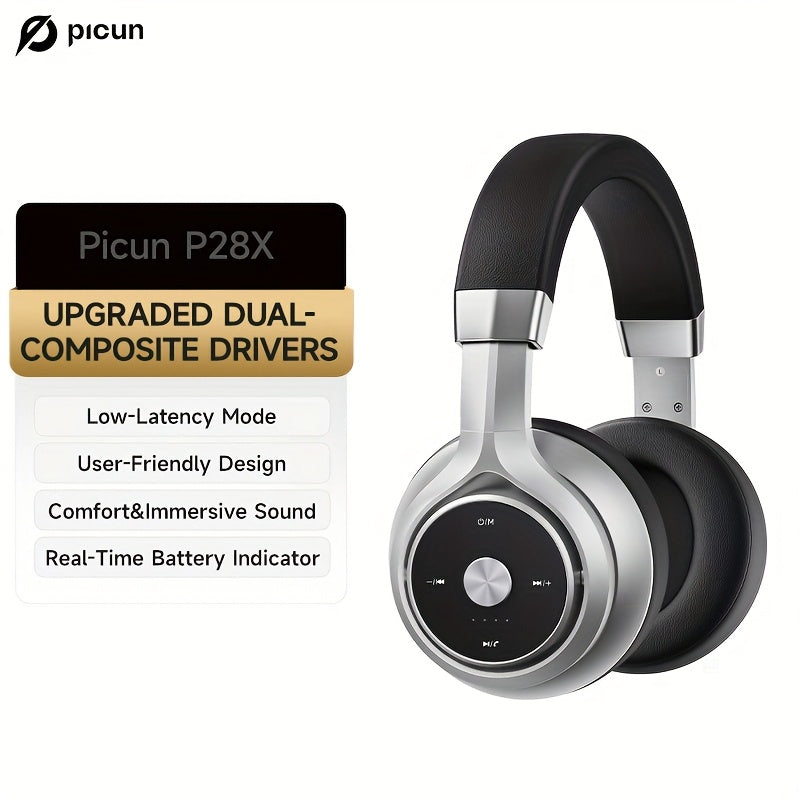Picun Wireless Over-Ear Headphones, HiFi Stereo, Deep Bass, Foldable Design, 30-Hour Battery, Built-in Mic. Lightweight Brown Leatherette Finish, Perfect for Gaming, PC, and On-the-Go Use.