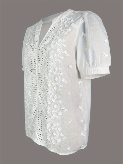 Elegant V-Neck Embroidered Floral Blouse - Sheer Viscose, Machine Washable, Perfect for Spring/Summer