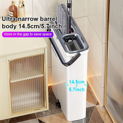 JOYBOS Advanced Lazy Mop Kit - Hand-Free Flat Mop with Scraper Bucket, Stainless Steel & Durable ABS Construction, 2 Washable Microfiber Pads for Living Room, Bathroom, Kitchen, Patio, Vinyl Wood & Tile Floors, No Electricity