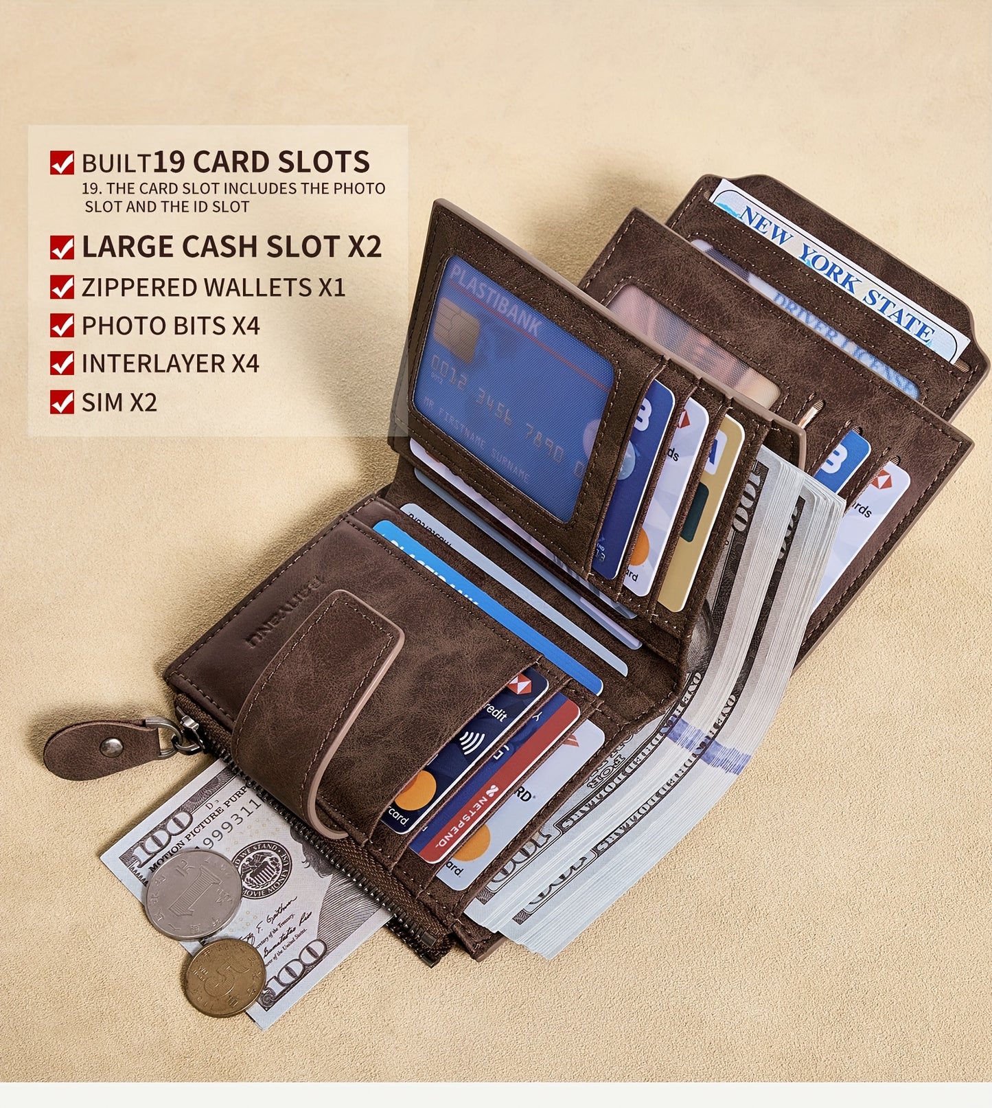 BANYANU Vintage Genuine Leather Wallet for Men - RFID Blocking, 17 Card Slots, Zippered Coin Pocket & Independent Card Holder, Brown, Perfect Father'S Day Gift, Secure Card Storage | Vintage Wallet | Durable Zipper Closure, B