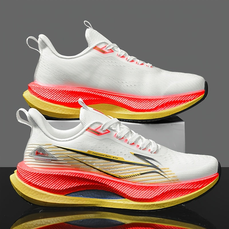 Men's All-Season Running Shoes - Breathable Knit Gym Sneakers with Cushioned MD Sole, Non-Slip Grip - Lightweight Sneakers for Marathon, Training, Everyday - White/Green/Orange Accent - Lace-Up Closure, Marathon Footwear, Geo