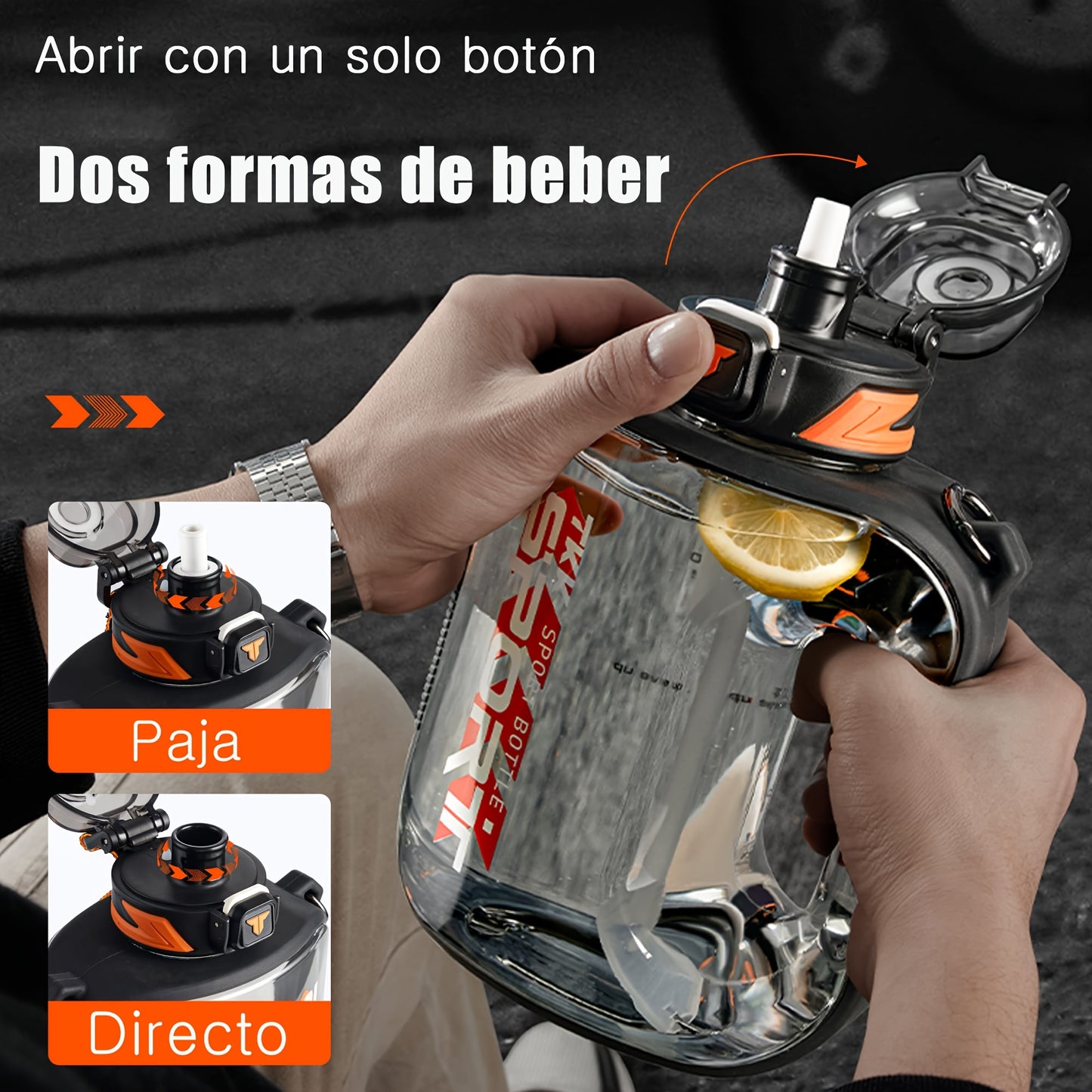 Garrafa de água de plástico com estampado de letras TKK, garrafa desportiva à prova de fugas com alça e alça de ombro, portátil para exercício e viagens.