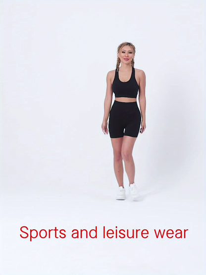 2pcs Yoga Workout Set, Criss Cross Sports Bra & High Waist Fitness Running Sports Shorts, Women's Activewear