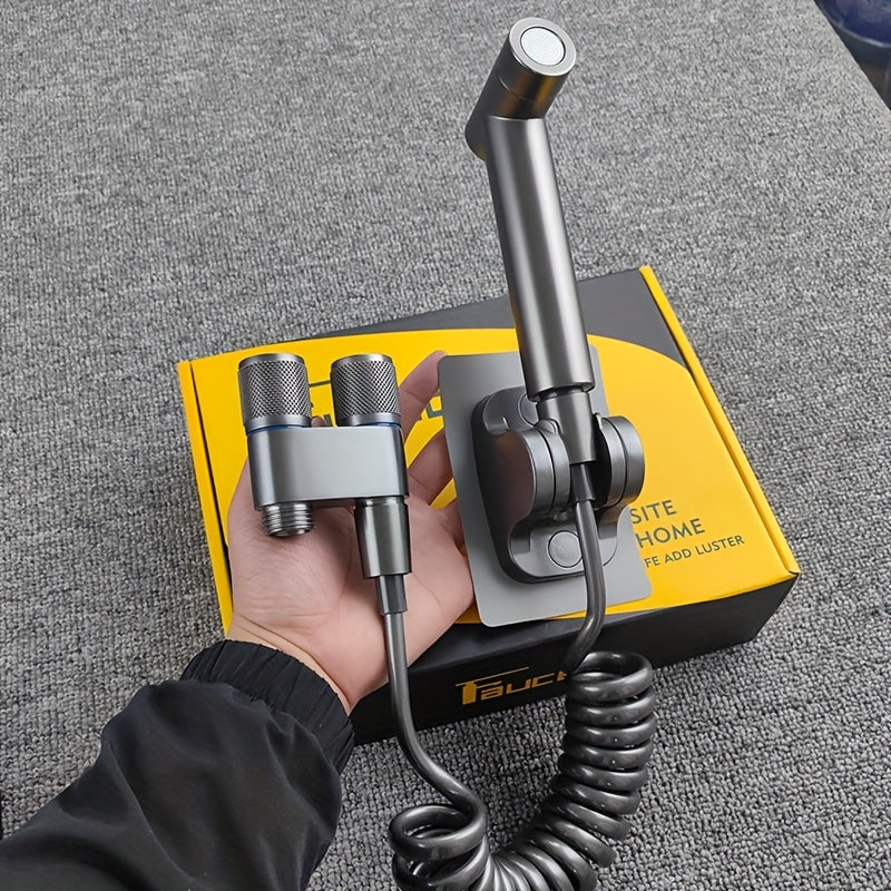 Double control angle valve with one inlet and two outlets, new booster spray gun includes a 2-meter telescopic hose, no-drill bracket. G1/2 interface, easy installation, convenient to use, comes with mounting accessories, no