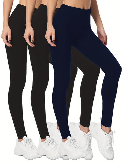 3-Pack High-Elasticity Slim-Fit 9/10 Length Pants - Solid Color Tight Waist All-Season Trousers, Machine Washable & Dry Cleanable, Casual to Dressy Wear (Compatible with Skirts/Blouses) - Bulk Pack for Cost Savings & Easy War