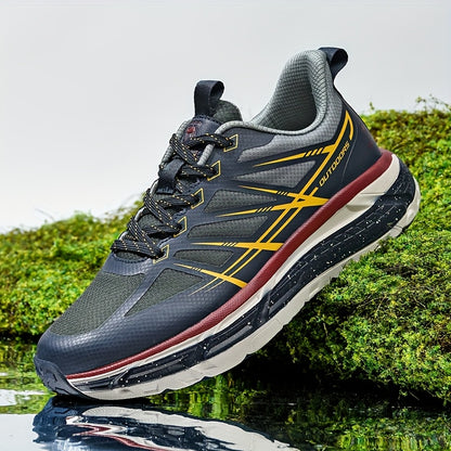 Men's All-Season Breathable Sneakers - Non-Slip Cushioned MD Sole, White/Gray/, Lace-Up Mid-Top Sneakers for Running, Gym, Hiking, Everyday - Extended Sizes Available, Outdoor Activities, Geometric Pattern, Secure Fit, Versat