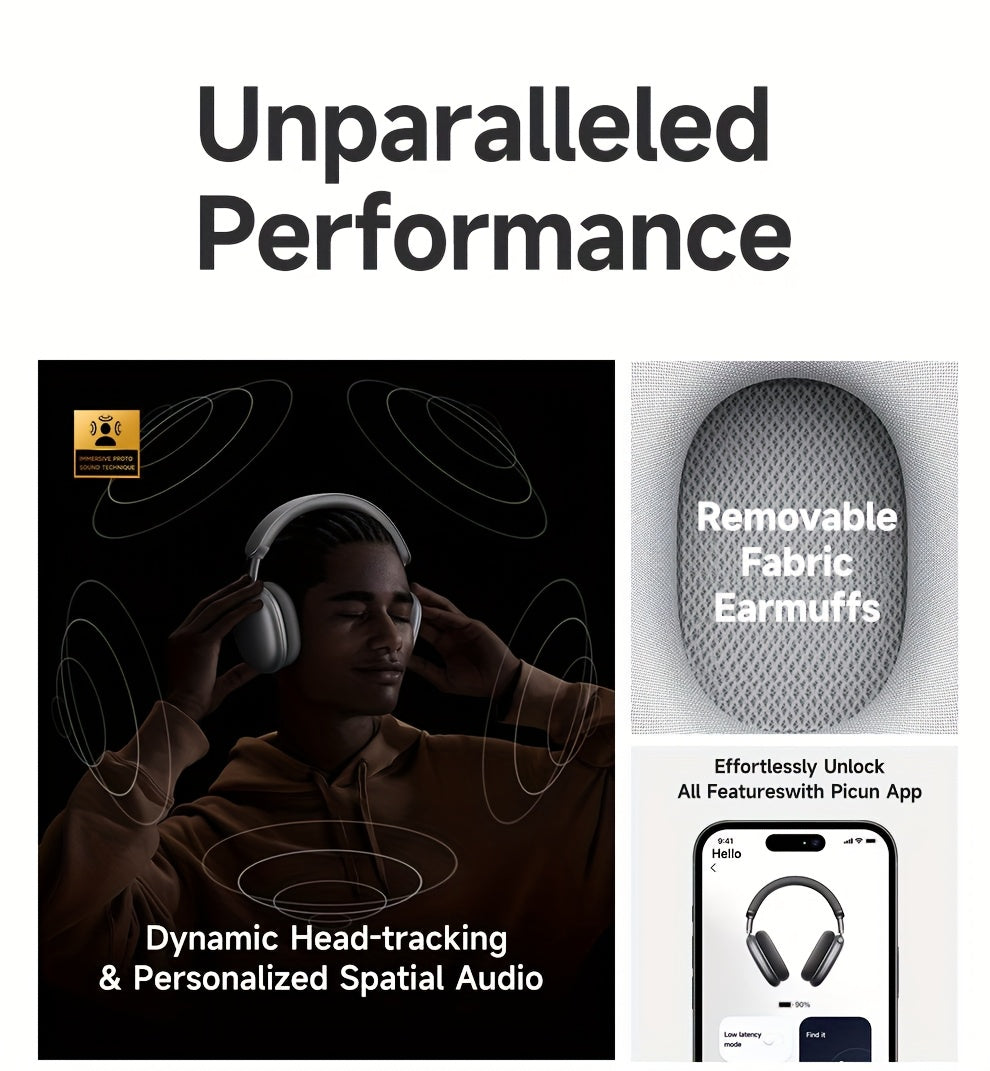 PICUN Wireless Headphones with Dynamic Head Tracking, -52dB ANC Noise Cancellation, 140Hrs Battery Life, Wireless 5.4, Wired/Wireless Switch, Double Connection & Multi-Mode Audio, Closed-back Design, Plastic Material, Compati