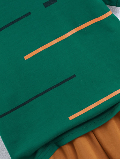 2pcs Set of Boys' Summer Striped Print Round Neck Short Sleeve T-shirt and Casual Shorts