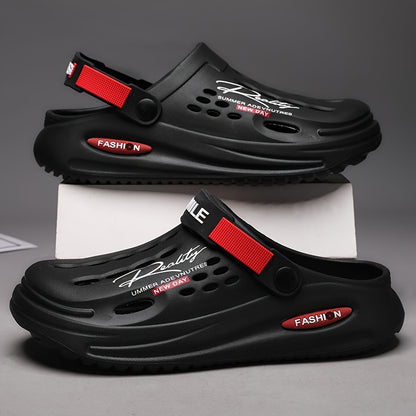 Tamancos modernos para homem com sola grossa em EVA e estampado de alfabeto - Modelo slip-on, respiráveis, ideais para jardinagem, com tira amarela segura e palmilha estampada com a inscrição "SMN WALKING PROS" para maior conforto ao ar livre.