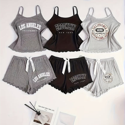 6pcs Women'S Pajama Set with Letter Print & Bow Detail - Soft Spaghetti Strap Sleepwear, All-Season Comfort, 6 Styles (Black/White/Red/Grey/Navy/Beige) for Lounge & Sleepwear, Cozy Loungewear, Casual Sleepwear, Comfortable Fi