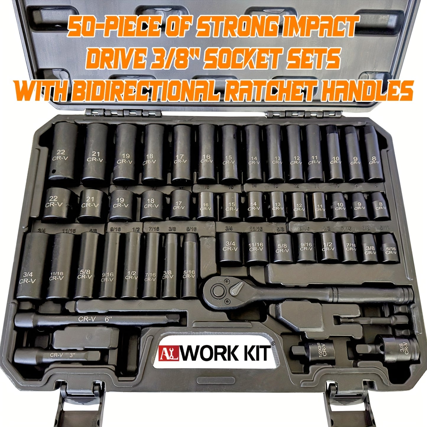 3/8" Drive Impact Socket Set, 6 Point 50pcs Standard Metric (8-22mm) & SAE (5/16-3/4-Inch) CR-V Steel Sockets with Adapters & Ratchet Handle, Nice Gifts