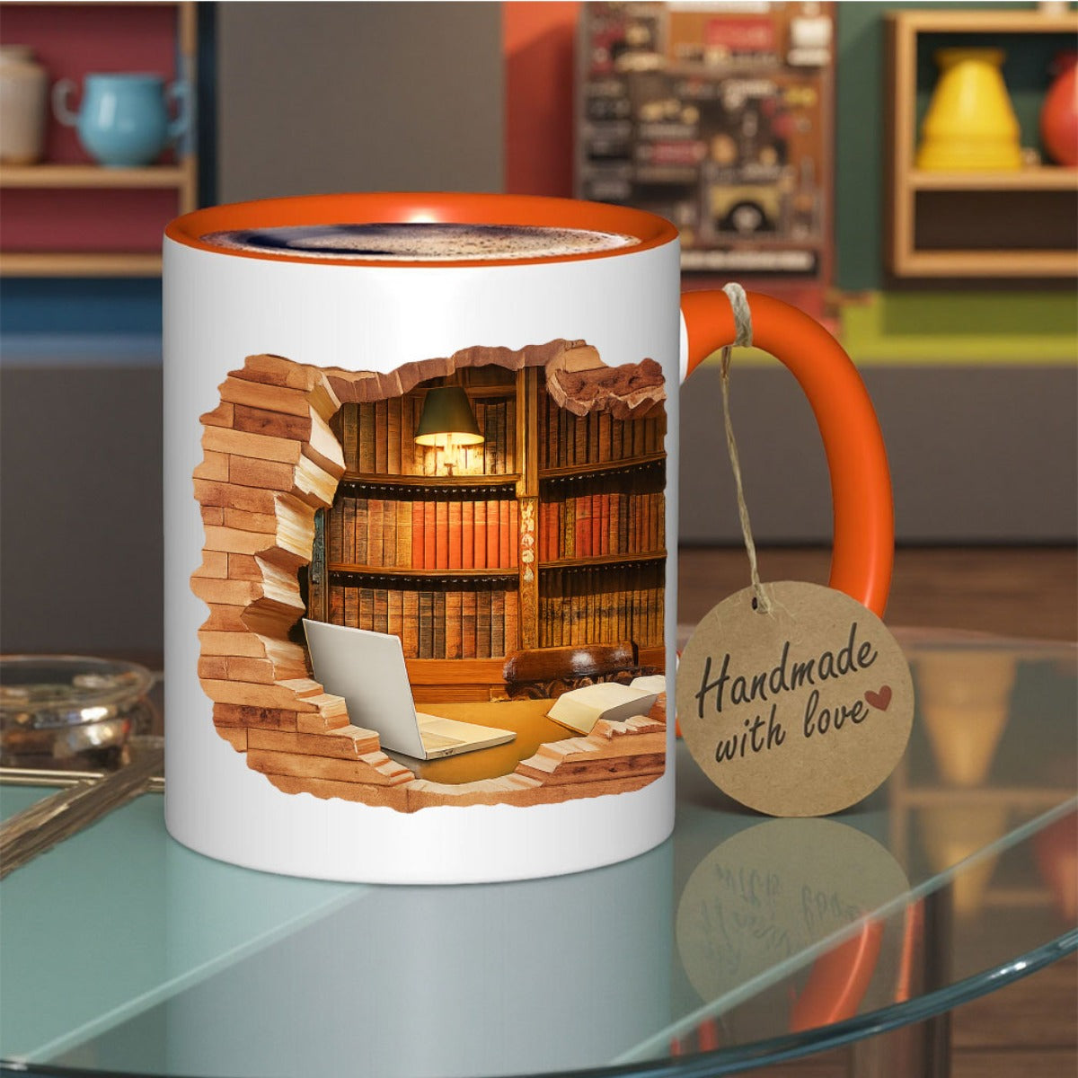 1pc 11oz 3D Magic Color-Changing Book-Themed Ceramic Mug - Reusable Coffee & Tea Cup with Bookshelf & Open Book Design, uthor Logo Slot, Hand Wash Only - Gift for Readers, Writers, Librarians (Birthday/Christmas/Halloween), C