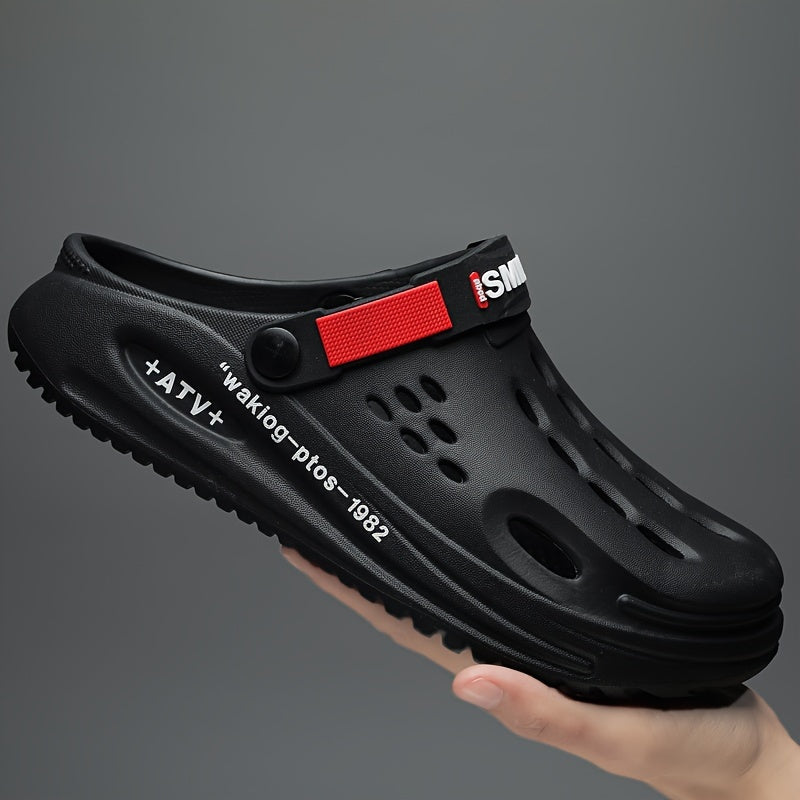 Tamancos modernos para homem com sola grossa em EVA e estampado de alfabeto - Modelo slip-on, respiráveis, ideais para jardinagem, com tira amarela segura e palmilha estampada com a inscrição "SMN WALKING PROS" para maior conforto ao ar livre.