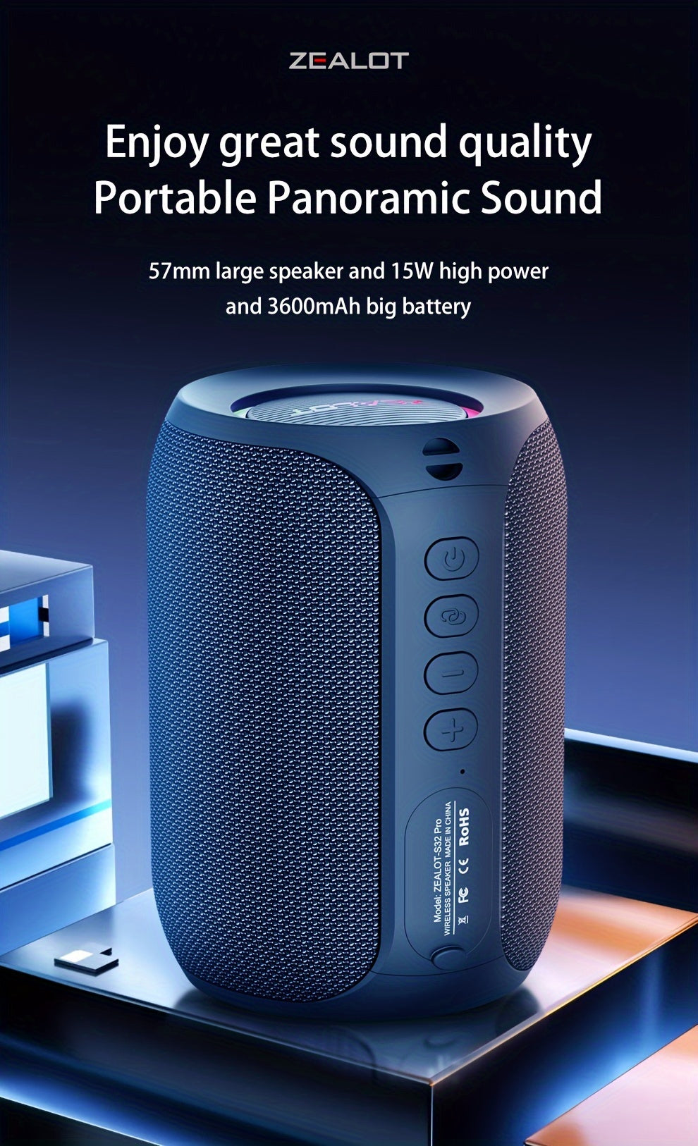 2024 New Style Zealot S32 Pro Wireless Speakers, Featuring Dual Pairing, a 3600Mah Battery, And 12 Hours of Loud Stereo Playtime with Booming Bass, Includes a Type-C Charging Cable for Connection with Mobile Phones, Tablets,