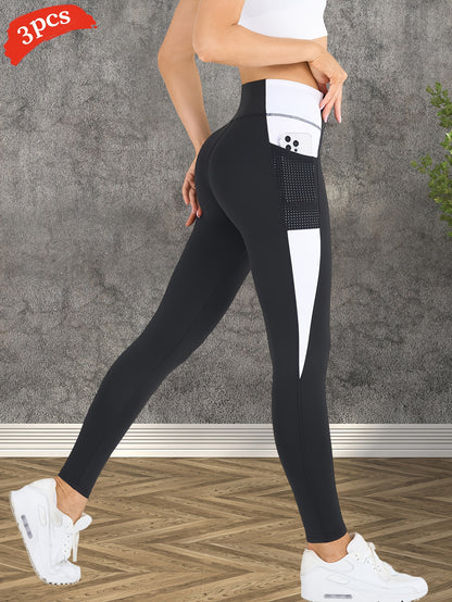 3-Pack Women's Yoga Pants Non-See-Through High-Waisted Workout Leggings - Sweat Absorbent Quick-Dry Yoga Pants with Side Pocket, Stretchy Gym Running Pilates Pants for Women (Black/Gray/Pink Accents - Affordable 3-Pack Deal),