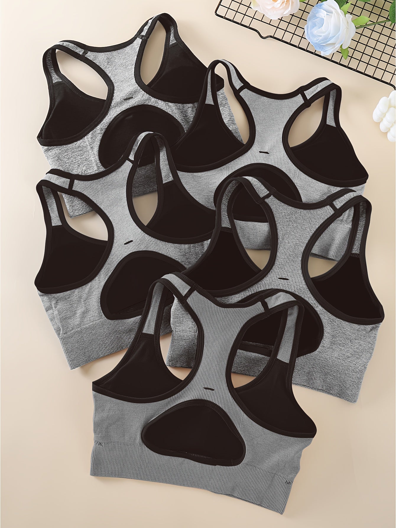 5pcs Women's High-Support Sports Bras - Removable Padding & Back Panel, Full-Coverage Tummy Control, Breathable Yoga Gym Bras with Multi-Color Options (Black/Dark Grey/Navy/Beige/Pink) - Moderate Lift for Heavy Breasts, Hand
