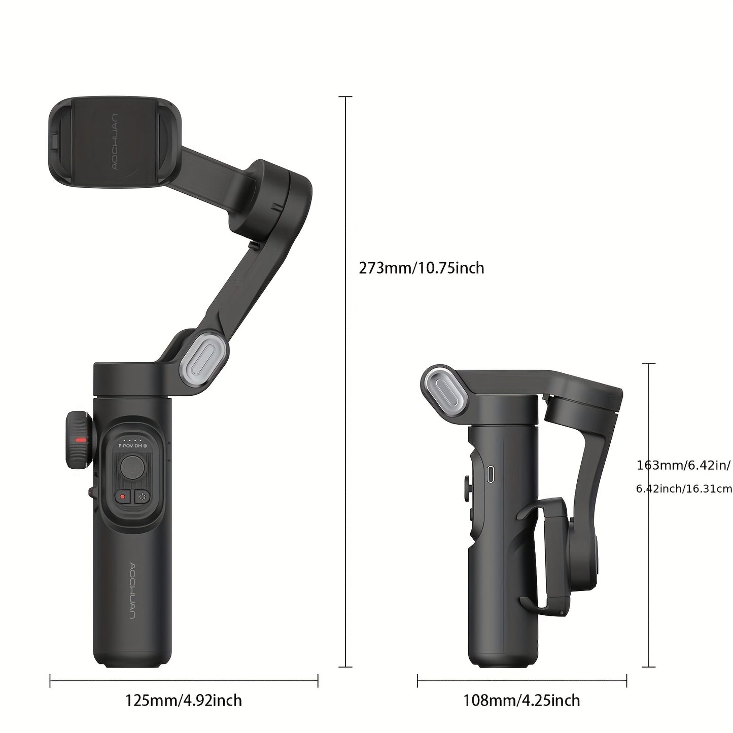 Estabilizador de gimbal portátil AOCHUAN-XE de 3 eixos, dobrável e giratório, com kit opcional de luz de enchimento RGB. Estabilizador de gimbal equilibrado que proporciona estabilidade e função anti-vibração, compatível com o rastreio facial e corporal.