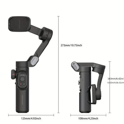 Estabilizador de gimbal portátil AOCHUAN-XE de 3 eixos, dobrável e giratório, com kit opcional de luz de enchimento RGB. Estabilizador de gimbal equilibrado que proporciona estabilidade e função anti-vibração, compatível com o rastreio facial e corporal.