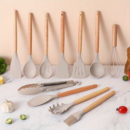 12pcs, Silicone Utensil Set, Khaki Kitchen Utensil Set With Wooden Handle, Safety Cooking Utensils Set, Non-Stick Kitchen Tools Set, Washable Modern Cookware, Kitchen Stuff, Kitchen Gadgets Kitchen Accessories