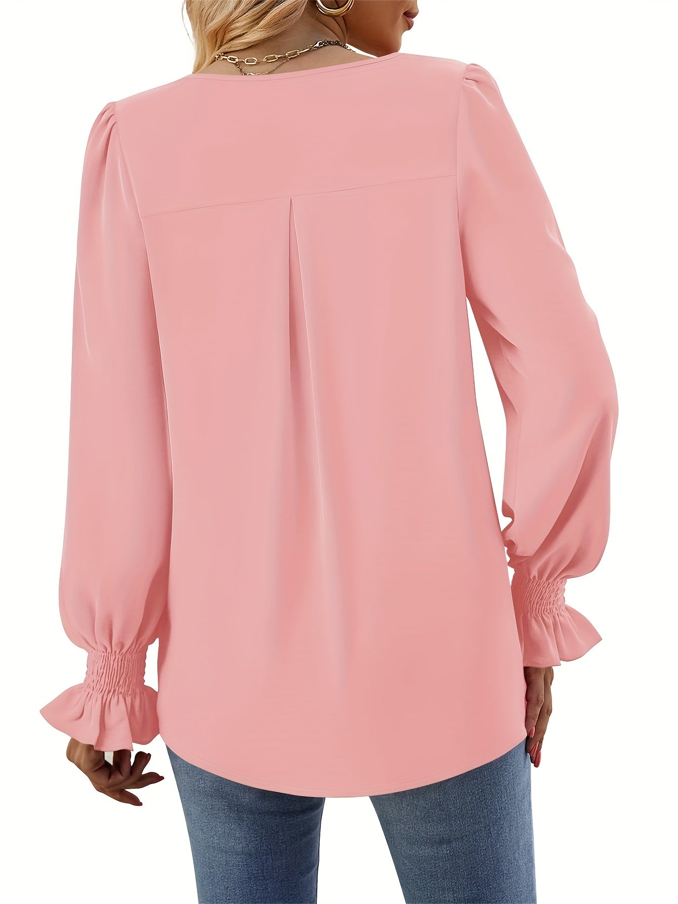 Solid V Neck Simple Blouse, Elegant Long Sleeve Ruched Blouse, Women's Clothing