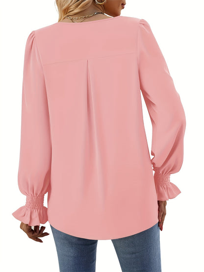 Solid V Neck Simple Blouse, Elegant Long Sleeve Ruched Blouse, Women's Clothing
