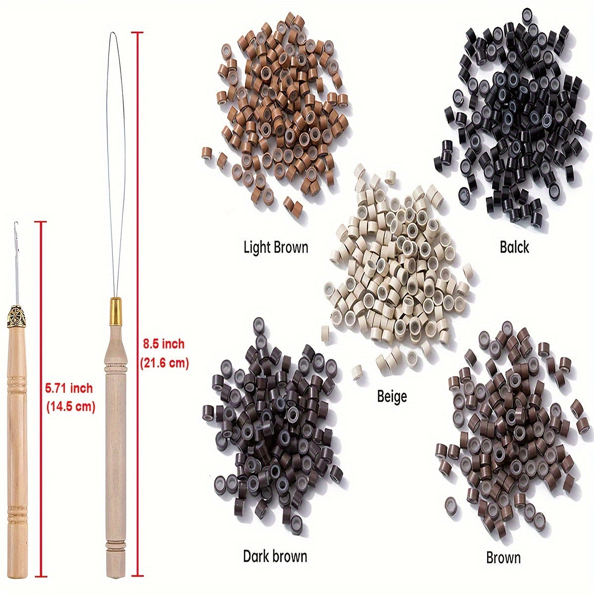 Hair Extentions Tools Kit 2500pcs Micro Rings Links Beads, 5mm Silicone Lined Beads For Human Hair Extensions Tool-Multi-colored With 1 Pcs Pulling Hook And 1 Pcs Hook Needle