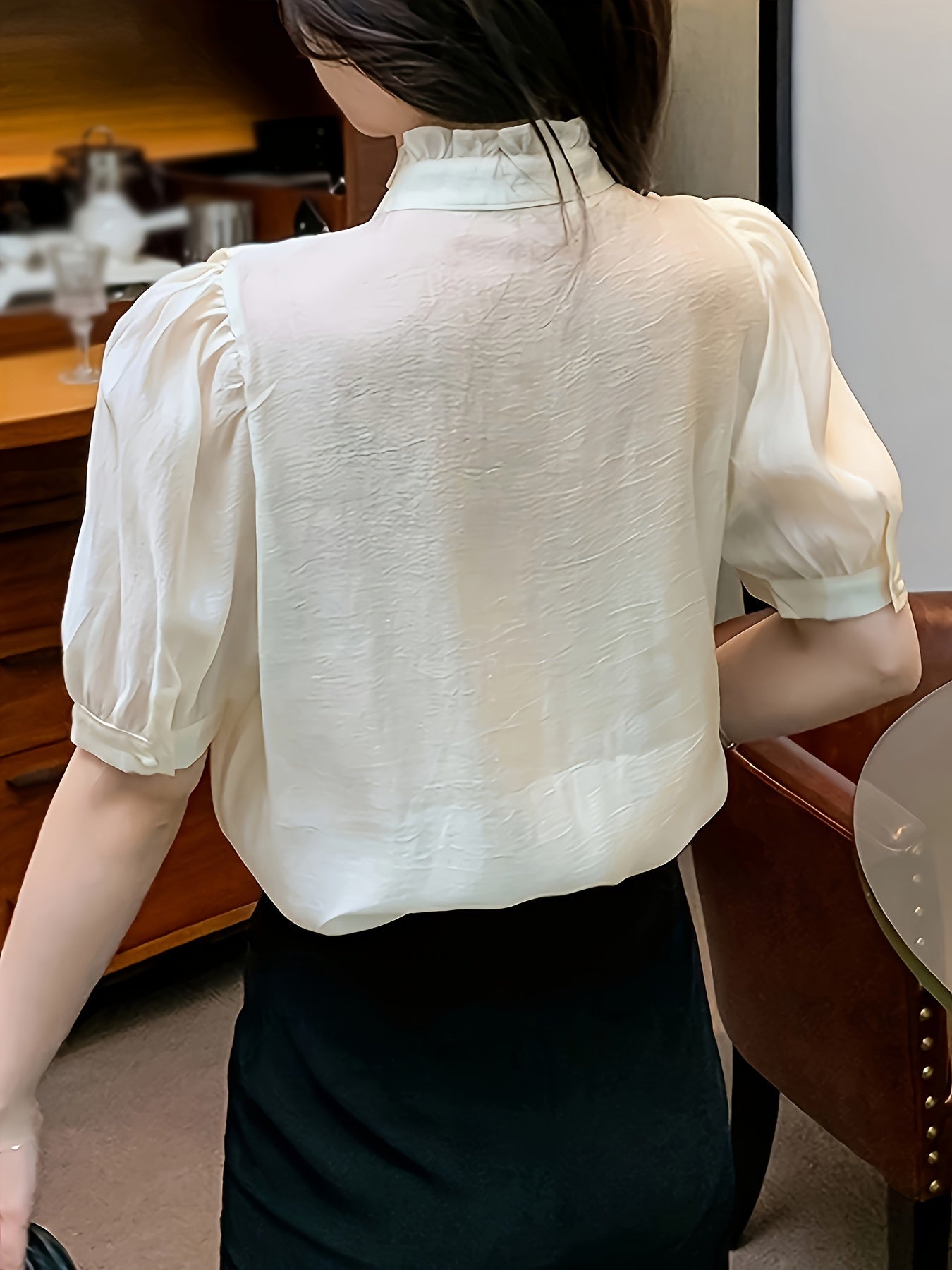 Beaded Button Front Ruffle Trim Blouse, Chic & Elegant Frill Neck Puff Sleeve Blouse For Spring & Summer, Women's Clothing