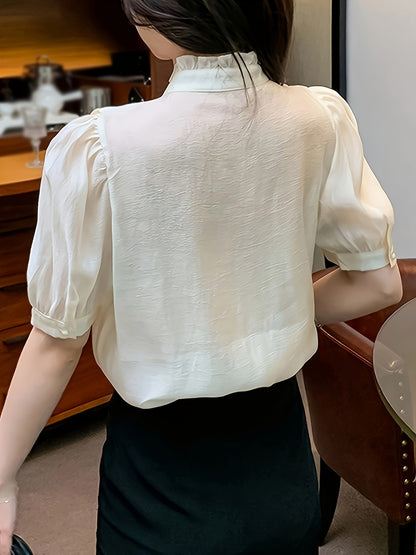 Beaded Button Front Ruffle Trim Blouse, Chic & Elegant Frill Neck Puff Sleeve Blouse For Spring & Summer, Women's Clothing