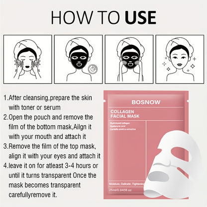 Máscara facial branca de colagénio com efeito lifting instantâneo (5 unidades), hidratante e nutritiva, mantém a pele bege clara hidratada e viçosa, refirmando-a, deixando-a mais firme e macia, com um aspeto mais bonito e radiante.