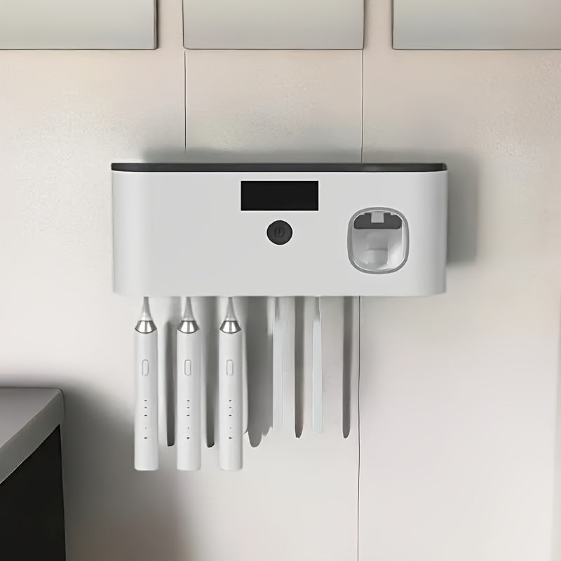 1pc Smart Toothbrush Sanitizer with Automatic Toothpaste Dispenser, Wall-Mounted UV Sterilization Holder, 5-Slot Storage, Durable Plastic, USB Rechargeable Lithium Battery, Bathroom Organization and Home Decor, Toothbrush Hol