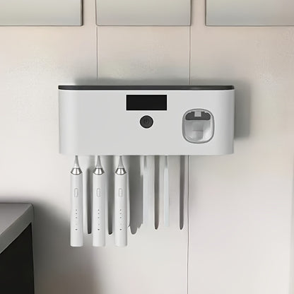 1pc Smart Toothbrush Sanitizer with Automatic Toothpaste Dispenser, Wall-Mounted UV Sterilization Holder, 5-Slot Storage, Durable Plastic, USB Rechargeable Lithium Battery, Bathroom Organization and Home Decor, Toothbrush Hol