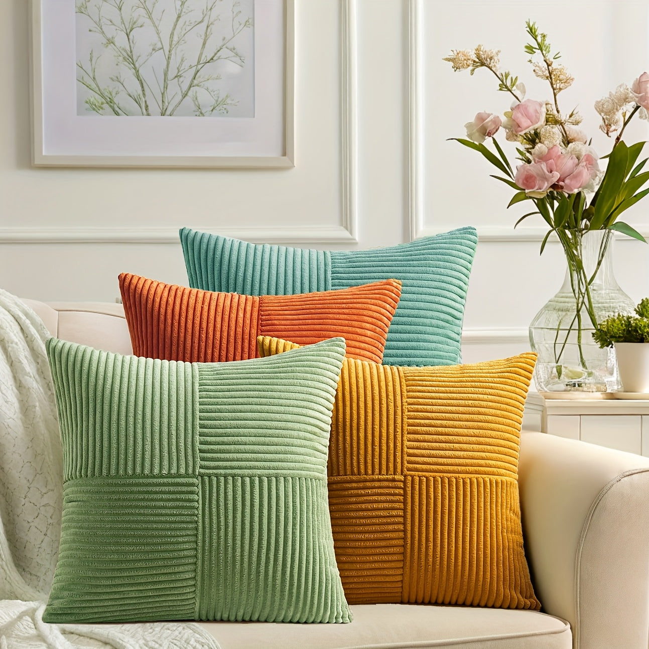 4pcs Bohemian Style Patchwork Textured Gradient Throw Pillow Covers, 30.48cm*50.8cm, 45.72cm*45.72cm, Soft Corduroy Decor Cushion Covers in Green, Orange, Teal, Yellow, Zip Closure, Hand Wash Only, Polyester Fiber, Farmhouse