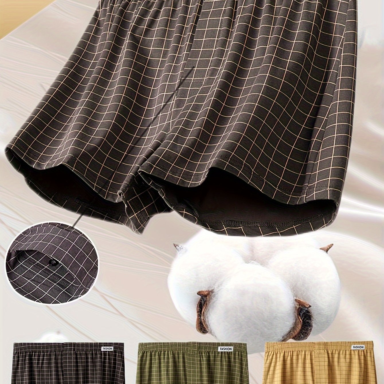 3pcs Men'S Loose Fit Plaid Boxer Briefs - 95% Mid-Rise Athletic Shorts with Elastic Waistband, Breathable & Comfortable for Casual Attire, Black/White/Beige/White/Gray/Beige, Everyday Comfort Shorts | Relaxed Fit Shorts | Med