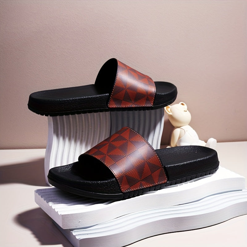 Sandálias de verão tipo slide para homem - Chinelos casuais antiderrapantes com sola macia e estampado geométrico, preto e cinzento, confortáveis ​​para uso interior e exterior.