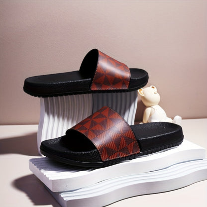 Sandálias de verão tipo slide para homem - Chinelos casuais antiderrapantes com sola macia e estampado geométrico, preto e cinzento, confortáveis ​​para uso interior e exterior.