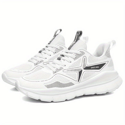 Men's Breathable Running Shoes - Lightweight Cross-Training Sneakers with MD Sole, White & Black Striped Low-Top Design for Gym, Jogging & Casual Wear, Sleek Sporty Look, Cushioned Comfort