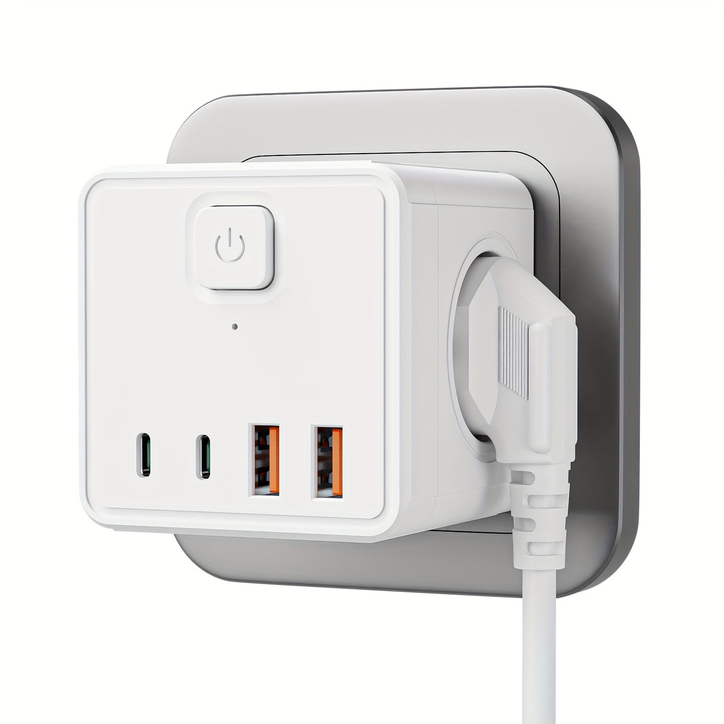 Régua de tomadas de parede 7 em 1, padrão europeu, com 3 tomadas AC, 2 portas USB, 2 portas Type-C e 1 interruptor. Ideal para casa, escritório, viagens e utilização com computador. Disponível nas cores branco e preto.