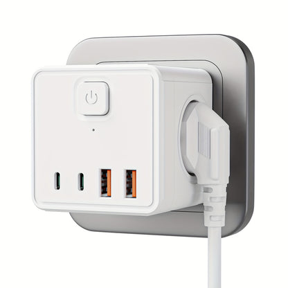 Régua de tomadas de parede 7 em 1, padrão europeu, com 3 tomadas AC, 2 portas USB, 2 portas Type-C e 1 interruptor. Ideal para casa, escritório, viagens e utilização com computador. Disponível nas cores branco e preto.