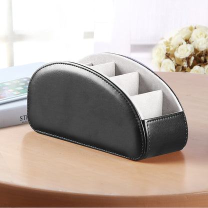 Remote Control Holder with 5 Compartments, PU Leather Multifunctional Desktop Storage Box/Remote Caddy/Pen Holder/Multi-Scene Practical Desk Organizer Shelf for Appliance Controllers, Stationery, Eyeglasses, Brushes, Office S