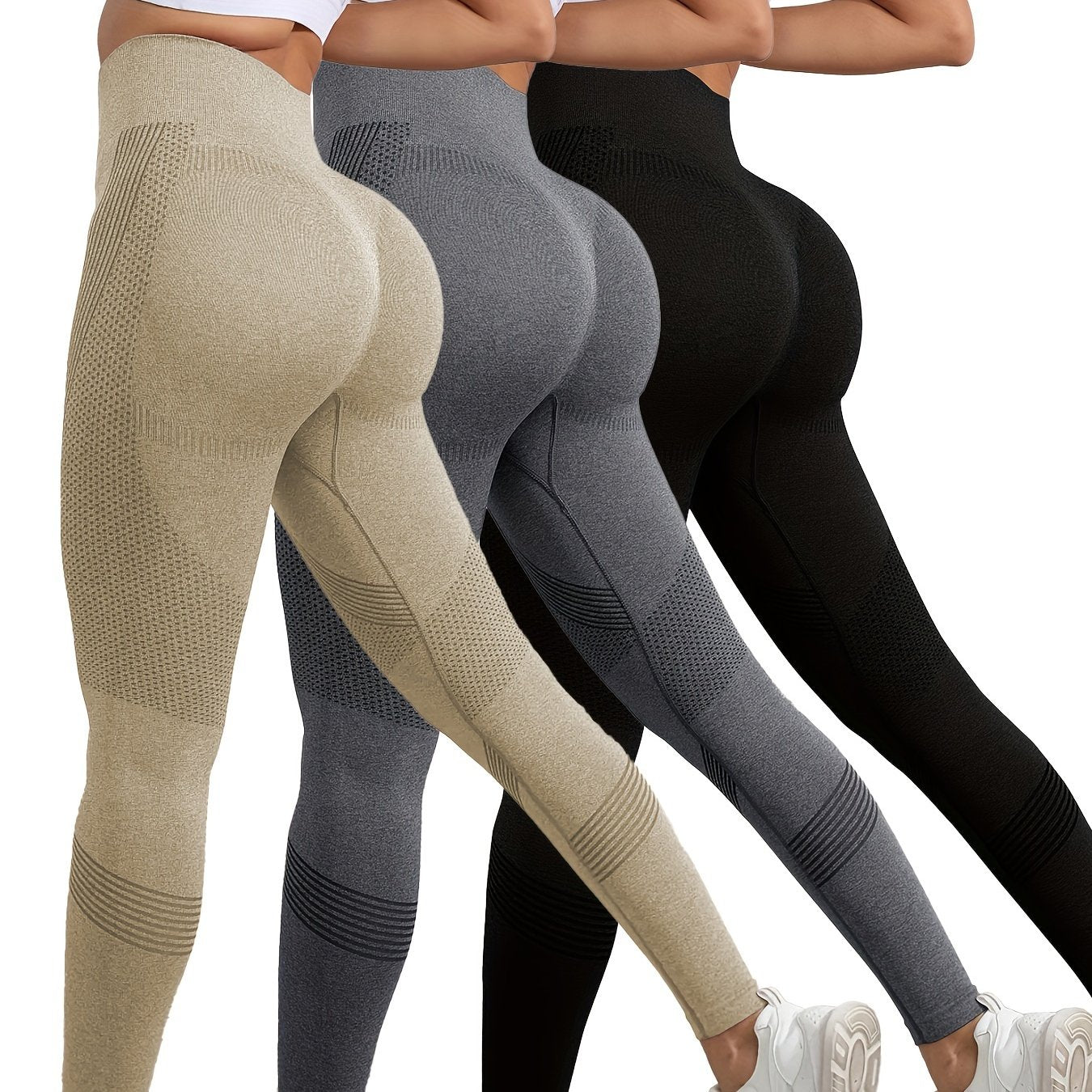 3pcs Breathable High Waist Butt Lifting Fitness Leggings, Solid Color, Tummy Control Running Sports Tight Yoga Pants, Women's Activewear