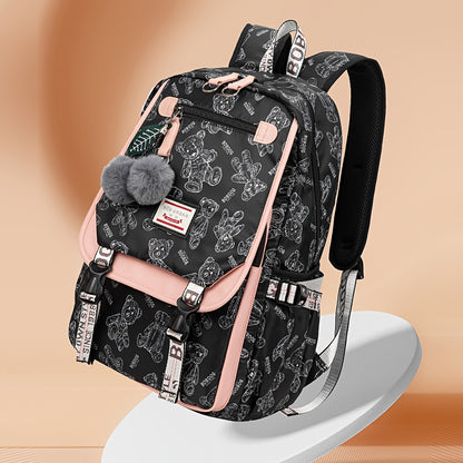 A set of youth vintage printed fashion backpacks, suitable for girls' campus commuting, travel backpack with a capacity of about 25 liters (height about 46cm), can hold a laptop, and the print position is random